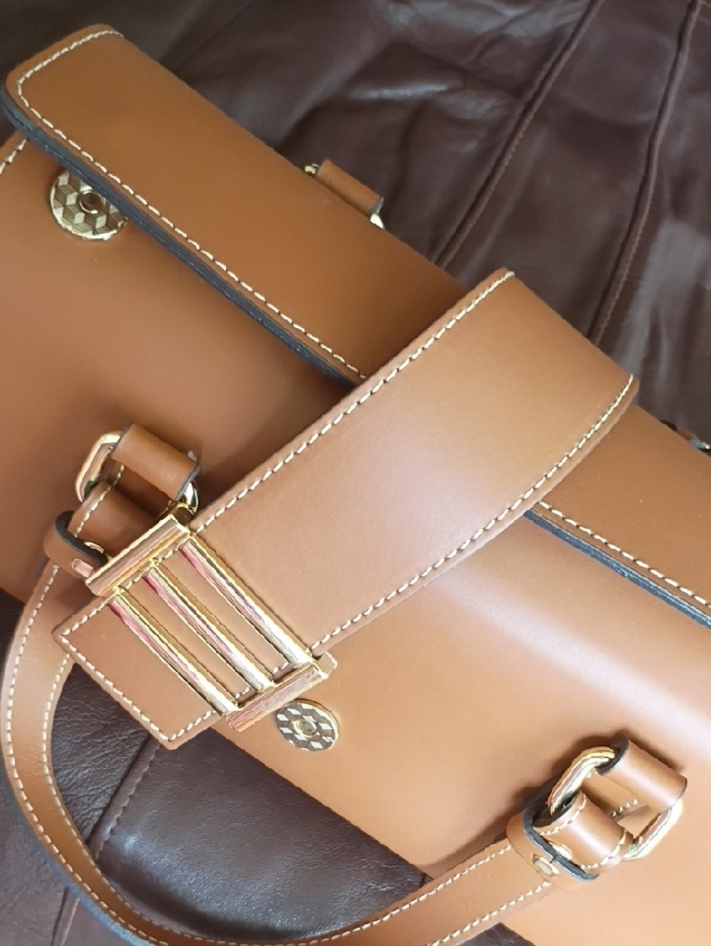 Tan Leather Barrel Shoulder Bag with Gold-Tone Accent - Picture 8 of 9